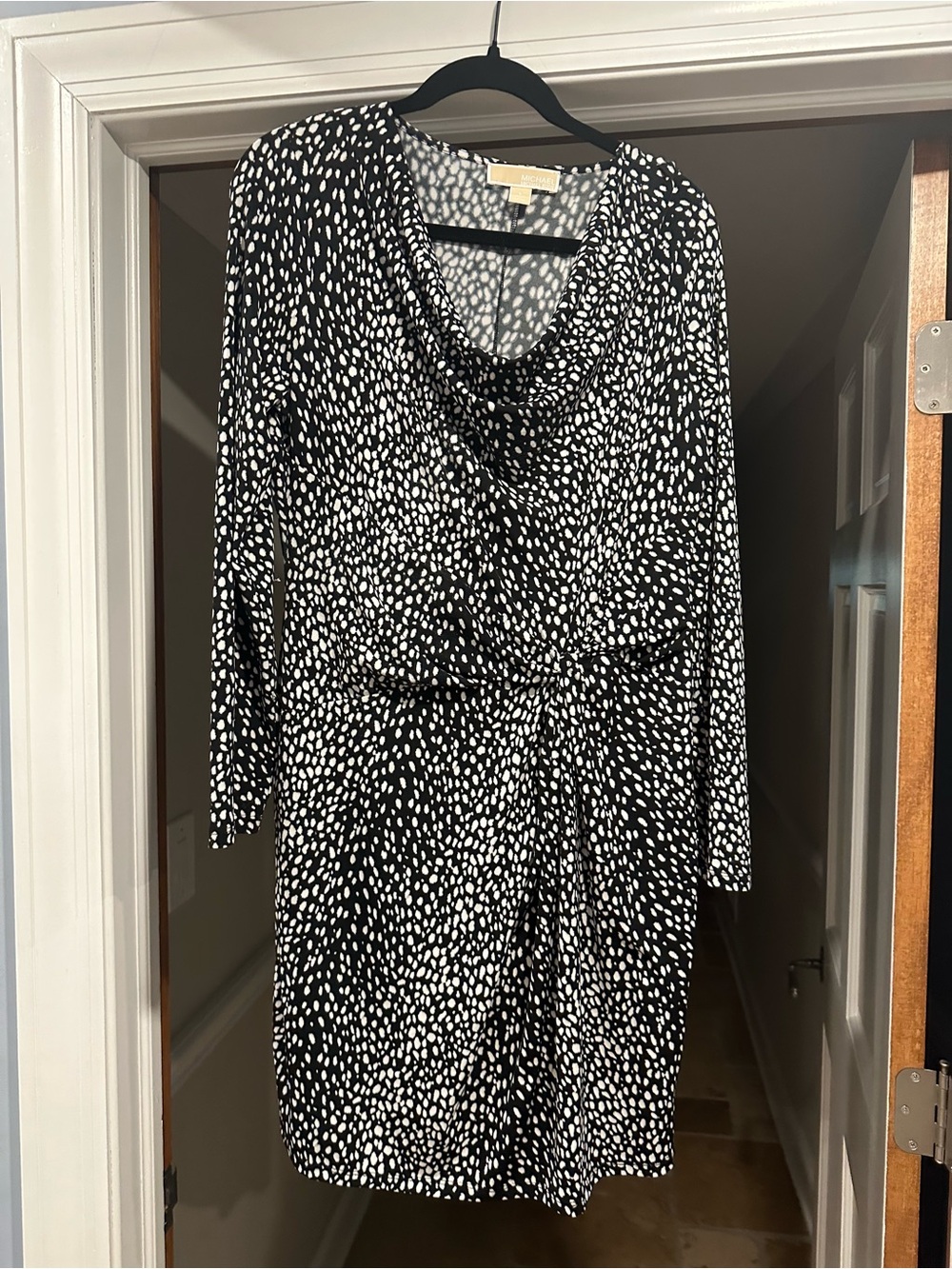 Michael Kors Black and White Dot-Print Long Sleeve Dress